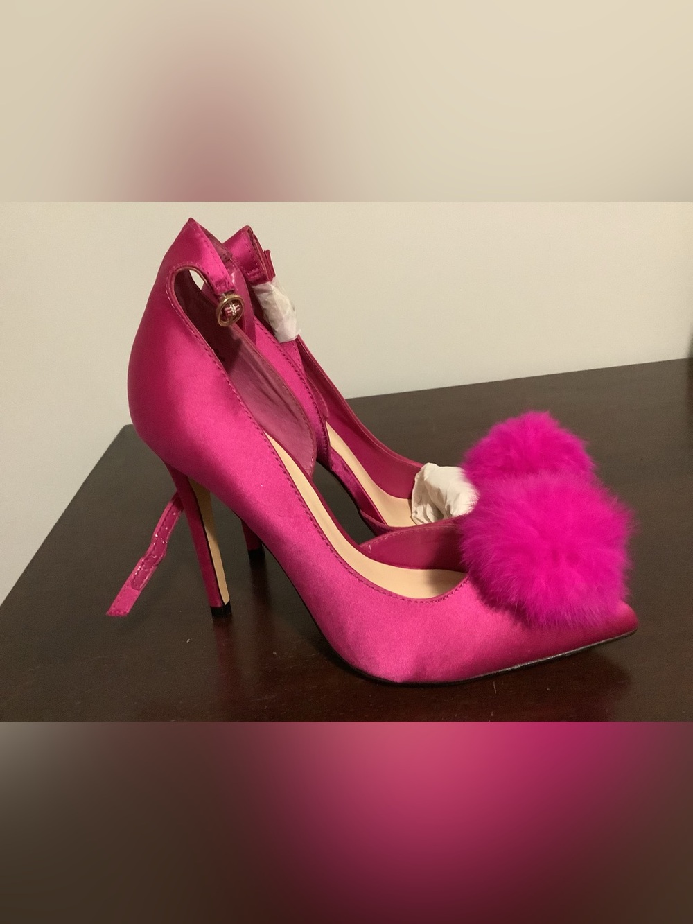 Women's Hot Pink Satin Pom Pom High Heels Nine West - Picture 2 of 8